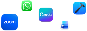 Ikony různých aplikací včetně Zoomu, WhatsAppu, Canvy, Microsoft Wordu a Xcodu