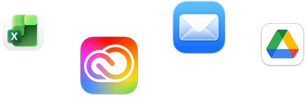 Ikony různých aplikací včetně Microsoft Excelu, Adobe Creative Cloudu, Apple Mailu a Google Drivu
