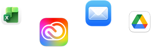 Ikony různých aplikací včetně Microsoft Excelu, Adobe Creative Cloudu, Apple Mailu a Google Drivu