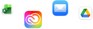 Ikony různých aplikací včetně Microsoft Excelu, Adobe Creative Cloudu, Apple Mailu a Google Drivu
