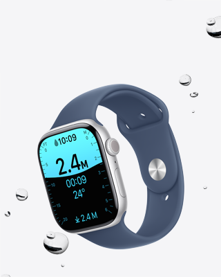 Obrazovka aplikace Hloubka na Apple Watch Series 10, vedle nich kapky vody