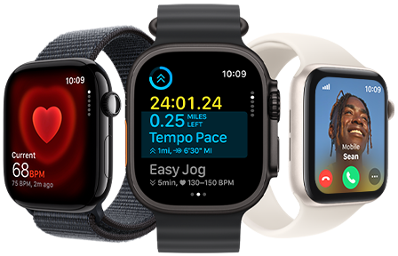 Troje Apple Watch a na nich monitorování tepové frekvence, údaje o cvičení a příchozí hovor.