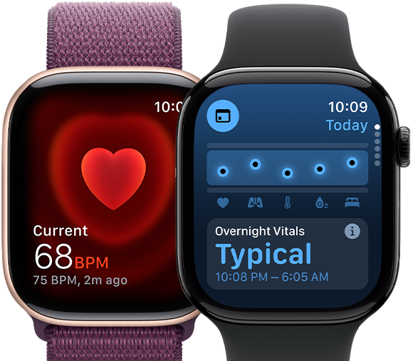 Dvoje Apple Watch Series 10, na jedné obrazovce se ukazují fáze spánku, na druhé upozornění na spánkovou apnoi