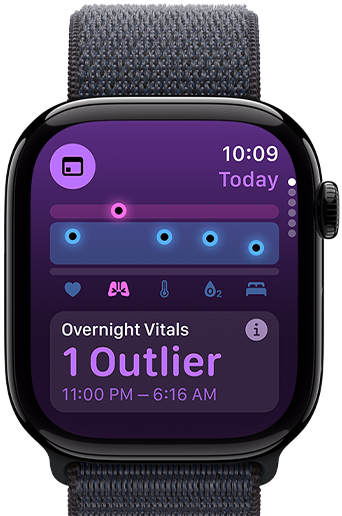 Aplikace Životní funkce na Apple Watch Series 10, zobrazují se životní funkce za uplynulou noc s jednou vybočující hodnotou
